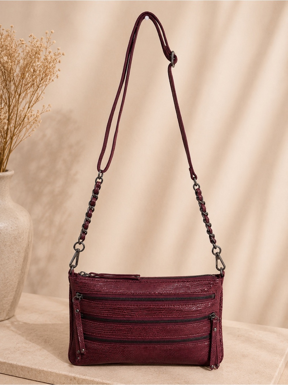 Vintage Chez Burgundy Leather Multi Zip Crossbody Bag Y2K shoulder bag